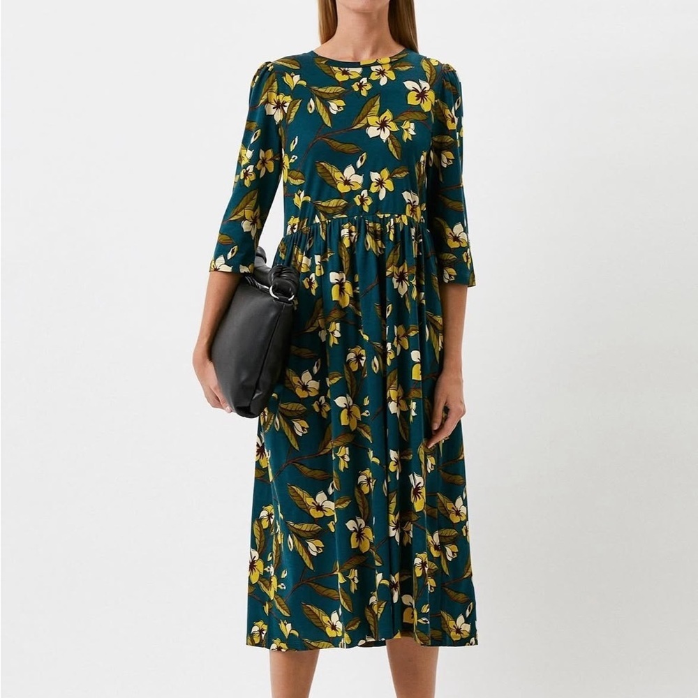 Weekend MaxMara‎ Dark Teal Floral Print 3/4 Sleeve Cotton Midi Dress Size XL
